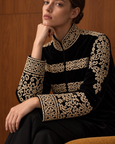 Buy Jacket Zardozi Takshila Couture Velvet – premium costumes by ZhannaKanGroup